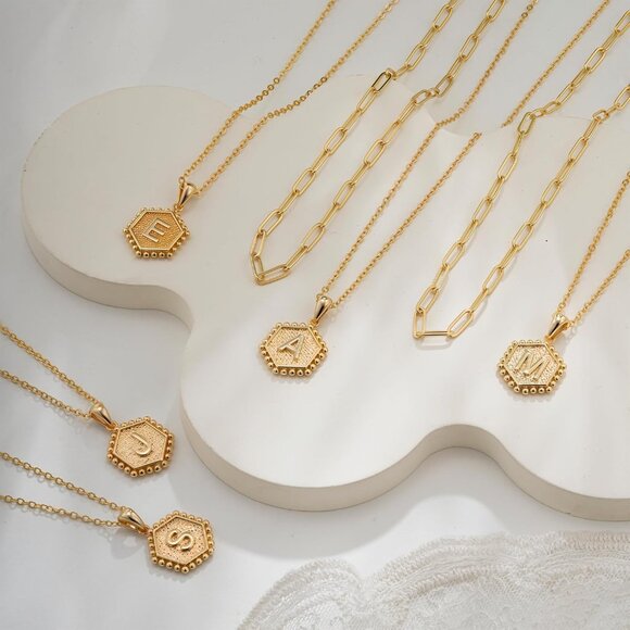 Elegant 18K Gold Layered Initial Necklaces for Women with Hexagon Charm, Perfect - Picture 6 of 7